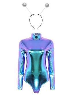 Aislor Langarm Damen Body Metallic Ballettanzug + Haarreif Rollkragen Bodysuit Holographische Alien Kostüm Tanzkostüm Karnevalskostüm Blau S von Aislor