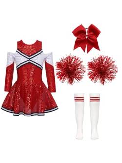 Aislor Mädchen Cheer Leader Kostüm Langarm Cheerleading Uniform Outfits Pailletten Kleid mit Pompoms/Harrband Strümpfe Halloween Cheerleading Tanzkleid A Rot 122-128 von Aislor