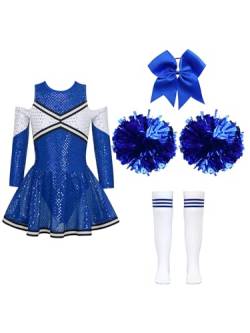 Aislor Mädchen Cheer Leader Kostüm Langarm Cheerleading Uniform Outfits Pailletten Kleid mit Pompoms/Harrband Strümpfe Halloween Cheerleading Tanzkleid C Blau 122-128 von Aislor