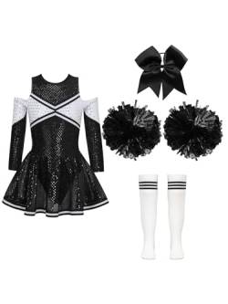 Aislor Mädchen Cheer Leader Kostüm Langarm Cheerleading Uniform Outfits Pailletten Kleid mit Pompoms/Harrband Strümpfe Halloween Cheerleading Tanzkleid D Schwarzweiss 134-140 von Aislor