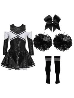 Aislor Mädchen Cheer Leader Kostüm Langarm Cheerleading Uniform Outfits Pailletten Kleid mit Pompoms/Harrband Strümpfe Halloween Cheerleading Tanzkleid E Schwarz 134-140 von Aislor