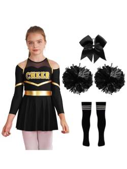 Aislor Mädchen Cheer Leader Kostüm Langarm Cheerleading Uniform Outfits Pailletten Kleid mit Pompoms/Harrband Strümpfe Halloween Cheerleading Tanzkleid F Schwarz 170-176 von Aislor