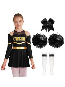 Aislor Mädchen Cheer Leader Kostüm Langarm Cheerleading Uniform Outfits Pailletten Kleid mit Pompoms/Harrband Strümpfe Halloween Cheerleading Tanzkleid G Weißschwarz 170-176 von Aislor