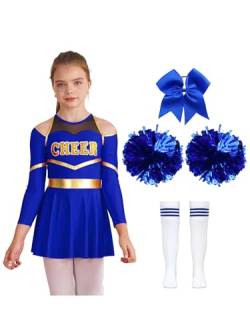 Aislor Mädchen Cheer Leader Kostüm Langarm Cheerleading Uniform Outfits Pailletten Kleid mit Pompoms/Harrband Strümpfe Halloween Cheerleading Tanzkleid I Blau 134-140 von Aislor