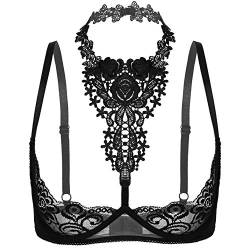 Aislor Offene Brust BH Damen Hebe BH Ouvert Spitze Dessous mit Bügel Brustfreie Dessous Busenfrei Sex Reizwäsche Erotik Unterhemd Bra Top Schwarz Neckholder S von Aislor