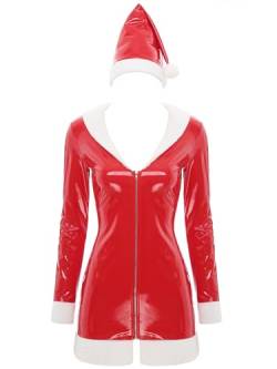 Aislor Weihnachten Kleid Damen Wetlook Lederkleid Lack Leder Bodycon Minikleid mit Weihnachtshut Bleistiftkleid mit Reißverschluss Partykleid Rot 3XL von Aislor