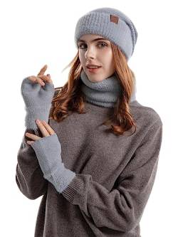 Aisprts Mütze Schal Handschuhe Set Damen, Fleece Gefüttertes Wintermütze Schlauchschal und Handschuhe Set für Damen, 3 in 1 Thermische Strickmütze Schal Fingerlose Handschuhe von Aisprts