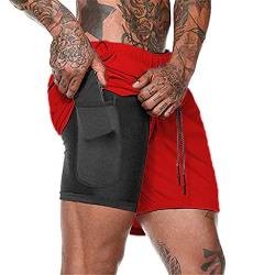 Aisprts Sporthose Herren Kurz, Laufhose Herren Kurz, 2 in 1 Atmungsaktive Schnell Trocknende Kompressionsfutter Kurze Hosen für Sport Trainingsshorts Laufshorts mit und Tasche, Rot, S von Aisprts