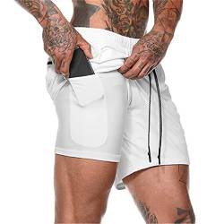 Aisprts Sporthose Herren Kurz, Laufhose Herren Kurz, 2 in 1 Atmungsaktive Schnell Trocknende Kompressionsfutter Kurze Hosen für Sport Trainingsshorts Laufshorts mit und Tasche, Weiß, L von Aisprts