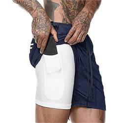 Aisprts Sporthose Herren Kurz, Laufhose Herren Kurz, 2 in 1 Atmungsaktive Schnell Trocknende Kompressionsfutter Kurze Hosen für Sport Trainingsshorts mit und Tasche, Navy Blau, L von Aisprts