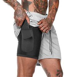 Aisprts Sporthose Herren Kurz, Laufhose Herren Kurz, 2 in 1 Atmungsaktive Schnell Trocknende Kompressionsfutter Kurze Hosen für Sport Trainingsshorts mit und Tasche, Silber Grau, L von Aisprts