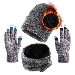 Aisprts Warme Wintermütze Loop Schal Winterhandschuhe Set für Herren Damen - Unisex Strick Mütze Beanie Schal Winter mit Fleecefutter Rutschfeste Touchscreen Handschuhe (B2 Grau,Einheitsgröße) von Aisprts