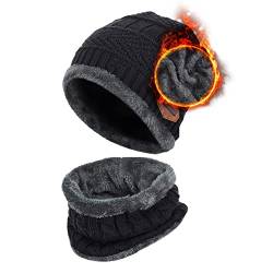 Aisprts Wintermütze Beanie Schal Set Thermische Strickmütze Wintermütze und Loop Schal mit Fleece Futter für Herren und Damen, Unisex Winter Warme Set, Schwarz, Einheitsgröße von Aisprts