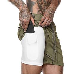 Sporthose Herren Kurz, Laufhose Herren Kurz, 2 in 1 Atmungsaktive Schnell Trocknende Kompressionsfutter Kurze Hosen für Sport Trainingsshorts Laufshorts mit und Tasche, Armee Grün, M von Aisprts