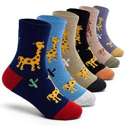 6 Paare Jungen Wintersocken Dicke Warme Socken Cartoon Giraffe Baumwollsocken Thermosocken für Kinder 23-26 Sockenlänge 14-16 CM/3-5 Jahre von Aisyee