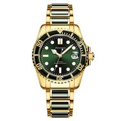 Aivasee Automatische mechanische Uhr, luxuriöse grüne Jade Herren-Armbanduhren mit goldenem Edelstahlband, leuchtende analoge Uhren für Männer und Frauen mit drehbarem Lünettenring (Modell: AH6028G), von Aivasee
