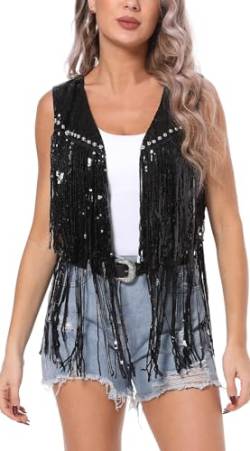 Aivtalk Damen Pailletten Weste mit Fransen Vorne Offene Glitzer Weste Quaste Glitzer Cardigan für Cowgirl Schwarz 1 L von Aivtalk