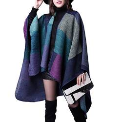 Aivtalk Damen Weich Warm Poncho Patchwork Cape Umhang Herbst Winter Schal Blau 130x155cm von Aivtalk