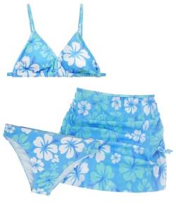 Aivtalk Mädchen Bikini Set 3er Sommer Strand Bademode Set Kinder Badebekleidung mit Blumenmuster 8-14 Jahre Blau von Aivtalk