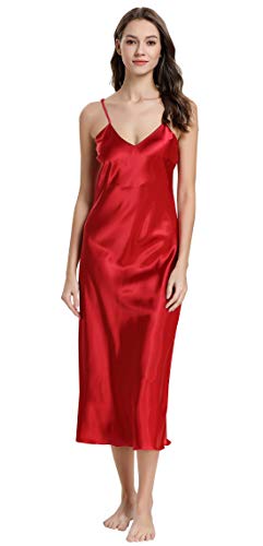 Aivtalk Nachtwäsche Damen Sexy Nachthemd Damen Satin Lang v Ausschnitt Negligee Satin Rot Spitze Nachthemd Lang Damen Sommer Sleepwear Frauen M von Aivtalk