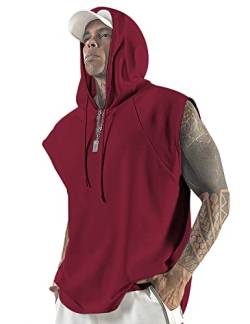 Aixdir Herren Workout Hooded Tank Tops Bodybuilding Muscle Cut Off T Shirt Sleeveless Gym Hoodies, Weinrot, Mittel von Aixdir