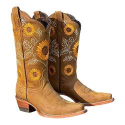 Aizuoni Cowboystiefel,Cowgirl-Stiefel, floral bestickte Stiefel - Equestrian Knight Hohe Stiefel mit eckigem Zehenbereich, Vintage-Reitgeschenke für Damen und Mädchen von Aizuoni