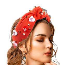 Aizuoni Geknotetes Stirnband für Frauen, geknotetes Valentinstag-Stirnband,Perlen-Liebes-Herz-Stirnband mit Knoten | Be Mine Love Charm-Strass-Kristall-Juwelen-verziertes Haarband für den Valentinstag von Aizuoni