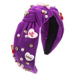 Aizuoni Top Knot Stirnband, geknotetes Stirnband für Frauen, Perlenbesetzte Perlenknoten-Kopfbedeckungen, Be Mine Love Charm-Strass-Kristall-Juwelen-verziertes Haarband für den Valentinstag von Aizuoni