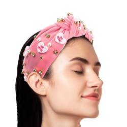 Aizuoni Top Knot Stirnband, geknotetes Stirnband für Frauen | Perlen-Liebes-Herz-Stirnband mit Knoten | Be Mine Love Charm-Strass-Kristall-Juwelen-verziertes Haarband für den Valentinstag von Aizuoni