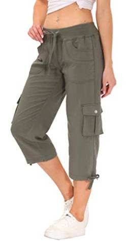 AjezMax Damen 3/4 Hose Outdoor Trekkinghose Sommer wasserdichte Leicht Capri Hose Camping Sommerhose mit Tasche Militärgrün M von AjezMax