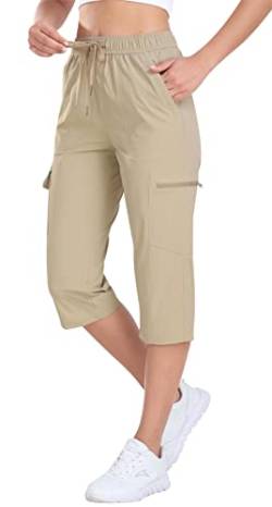 AjezMax Damen 3/4 Outdoorhose Capri Wanderhose Cargohose Stretch Leichte Radhose Taschen Sommer Wander Hose mit Reißverschlusstasche Khaki XXL von AjezMax