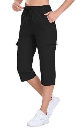 AjezMax Damen 3/4 Wanderhose Caprihose wasserdichte Atmungsaktive Trekkinghose Elastische Sommer Outdoor Hose Trainingshose Freizeithose Schwarz XL von AjezMax