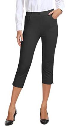 AjezMax Damen Hosen für Business Stretch Freizeithose High Waist Straight Yoga Bürohose Slim Fit Capri Hosen mit Taschen Schwarzgrau M von AjezMax