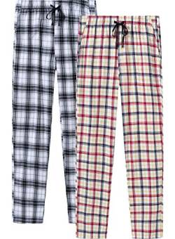 AjezMax Damen Lang Pyjamahosen Baumwolle Schlafanzug Karierte Hose Nachtwäsche Freizeithosen Schlafhose mit Elastischer Taille Taschen 2 Pack-04 Small von AjezMax