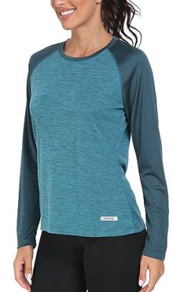 AjezMax Damen Sport Shirt Langarm UV Schutz Shirt Outdoor Sommershirt Atmungsaktiv Laufshirt UV-Shirt Lässig Gym Yoga Oberteile Blau L von AjezMax