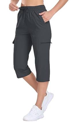 AjezMax Damen Wanderhose Sommer Leichter Caprihose Outdoor Hose 3/4 Cargohose Atmungsaktive Trekkinghose mit Reißverschlusstasche Dunkelgrau XXL von AjezMax