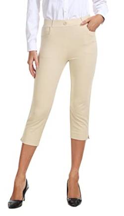 AjezMax Golfhose für Damen Capri Dehnbar Schmal Arbeitshose Bürohose Lässige Businesshose Atmungsaktiv Yogahosen mit Taschen Khaki 3XL von AjezMax