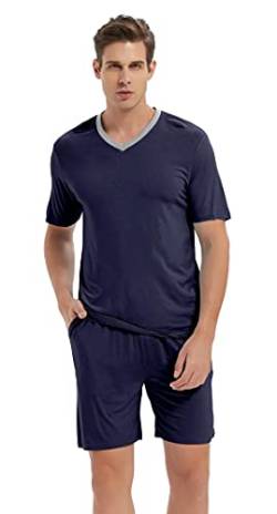 AjezMax Herren Sommer Kurzarm Pyjamas Set Nachtwäsche aus Weicher Baumbus V-Ausschnitt Nachtwäsche Hauskleidung for Männer XL Marineblau von AjezMax