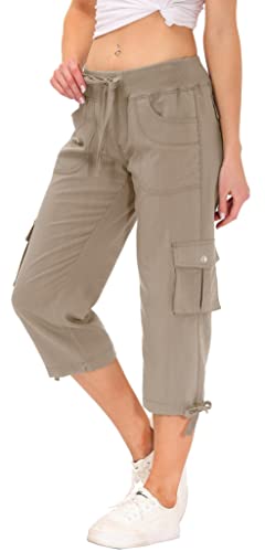 AjezMax Hosen Damen Outdoor Sommer Cargohose 3/4 Lange Sports Trekkinghose schnelles Trocknen Wanderhose mit Tasche Khaki L von AjezMax