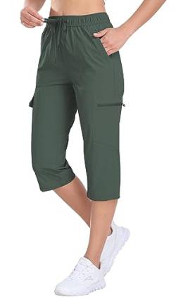 AjezMax Wanderhose Damen Caprihose Outdoorhose 3/4 Hose Trekkinghose zum Klettern Sonnenschutz Outdoor mit Reißverschlusstasche Militärgrün L von AjezMax