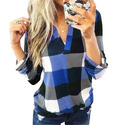 Ajpguot Damen Bluse Casual Kariertes Hemd Elegant V-Ausschnitt Tunika Oberteile Langarm Lose Plaid Shirt Tops （XXL, Blau） von Ajpguot