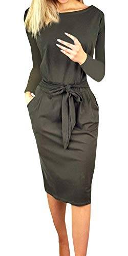 Ajpguot Damen Freizeit Kleid mit Gürtel Elegant Rundhals Midi Kleider Blusenkleider Frauen Langarm Wickelkleider mit Tasche Partykleid (0997 Dunkelgrau, 3XL) von Ajpguot