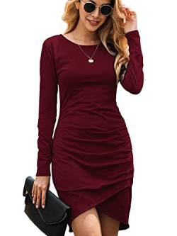 Ajpguot Damen Mode Gerafft Bodycon Kleid Langarm Rundhals Basic Kurz Minikleid Blusenkleid Elegant Wickelkleid Freizeitkleid （M, Rotwein） von Ajpguot