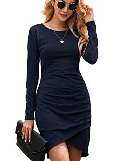 Ajpguot Damen Mode Gerafft Bodycon Kleid Langarm Rundhals Basic Kurz Minikleid Blusenkleid Elegant Wickelkleid Freizeitkleid （XL, Dunkelblau） von Ajpguot