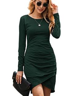 Ajpguot Damen Mode Gerafft Bodycon Kleid Langarm Rundhals Basic Kurz Minikleid Blusenkleid Elegant Wickelkleid Freizeitkleid （XL, Dunkelgrün） von Ajpguot