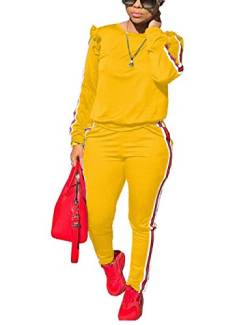 Akmipoem Damen Casual Striped Patchwork Zweiteiler mit Rüschenärmeln Pullover und Hosen Sweatsuits Tag XL/US 14 Gelb von Akmipoem