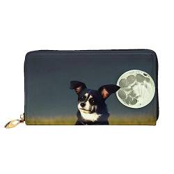 AkosOL Dog Under Moon Ledergeldbörse, lange Clutch, weiches Material, Reißverschluss-Design, Anti-Verlust-Geld, 12 Bankkartenfächer, leicht, wasserdicht und langlebig für das stilvolle Mädchen, von AkosOL