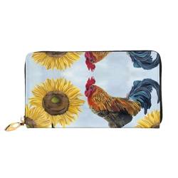 AkosOL Vintage Sonnenblume Hahn Leder Geldbörse, lange Clutch, weiches Material, Reißverschluss-Design, Anti-Verlust-Geld, 12 Bankkartenfächer, leicht, wasserdicht und langlebig für das stilvolle von AkosOL