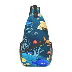 Blue Underwater World of Fish Multifunktionale Nylon-Brusttasche, leicht und tragbar, geeignet für Männer und Frauen, perfekte Größe, langlebig und wasserdicht, Schwarz, Einheitsgröße von AkosOL