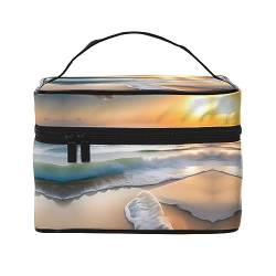 Sunset Over The Waves Stilvolle und praktische Reise-Kosmetiktasche mit extra großen Fächern und Reißverschluss, wasserdicht, Schwarz , Einheitsgröße von AkosOL